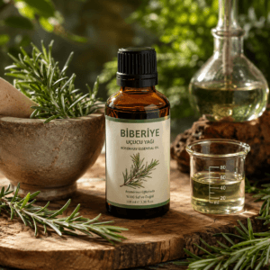 Biberiye Uçucu Yağı (Rosemary Essential Oil) amber cam şişede, biberiye dalları ile doğal laboratuvar ortamında kozmetik üretim hammaddesi.
