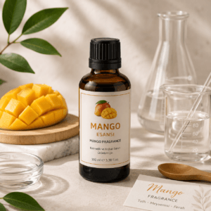Mango Esansı (Mango Fragrance) amber cam şişede, taze mango meyvesi ve minimal laboratuvar ekipmanları ile kozmetik esansı görseli.