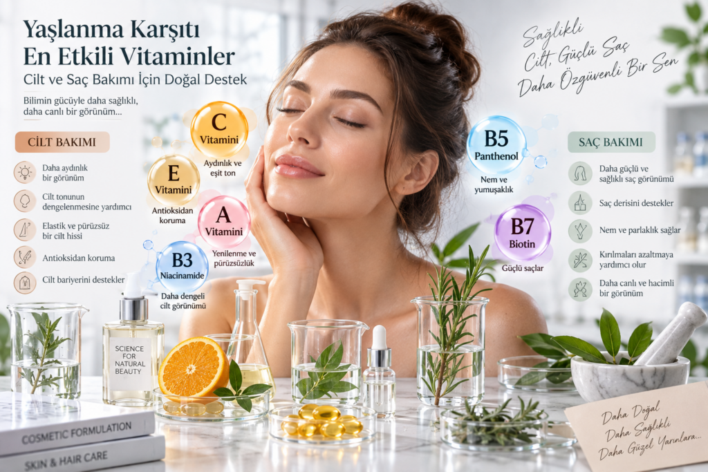 Cilt ve saç bakımında kullanılan C E A B3 B5 ve B7 vitaminleri