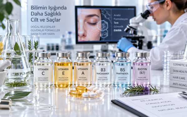 Cilt ve saç bakımında kullanılan A C E B3 B5 vitaminleri.