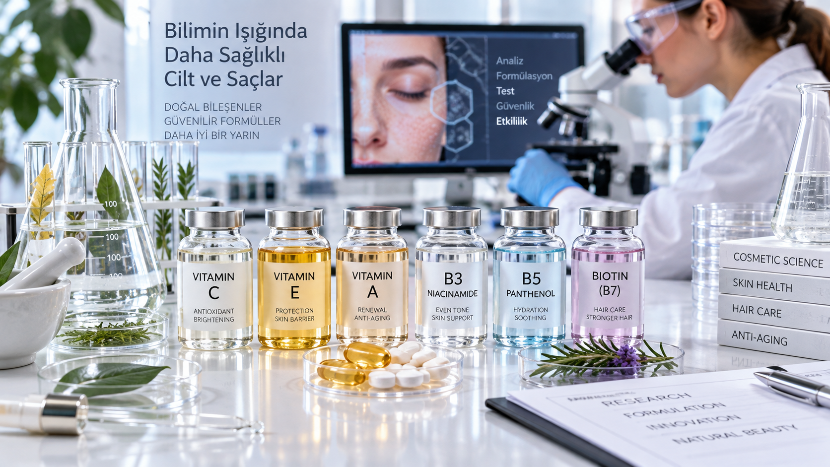Cilt ve saç bakımında kullanılan A C E B3 B5 vitaminleri.