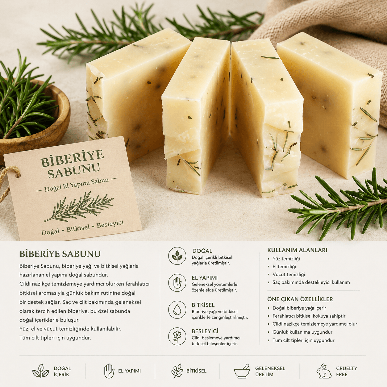 Doğal el yapımı Biberiye Sabunu 100 g