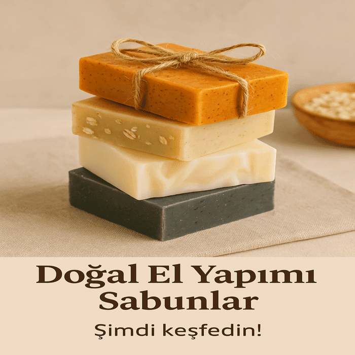 Doğal el yapımı sabunlar; zerdeçal, bal yulaf, tarçın ve lavanta gibi içeriklerle hazırlanmış sabun çeşitleri
