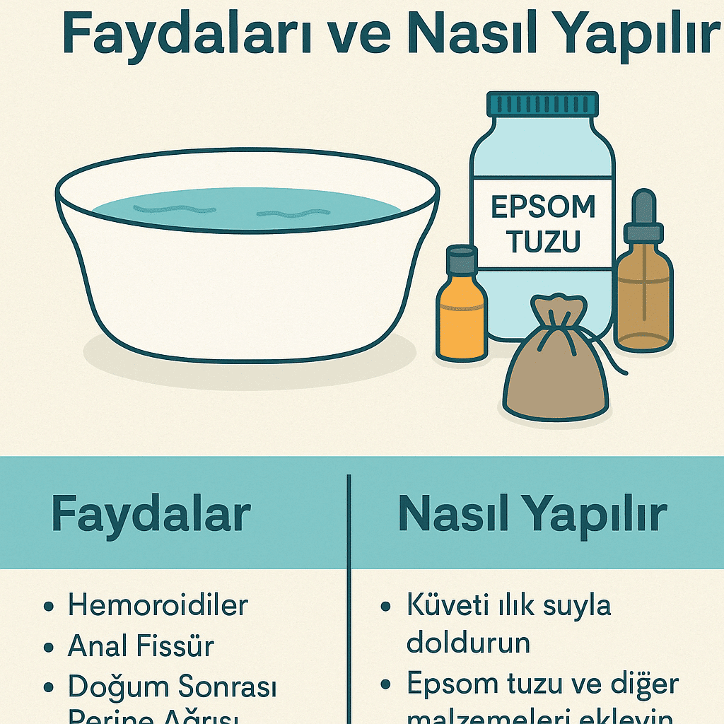 Epsom tuzu ve doğal malzemelerle yapılan oturma banyosunun faydalarını ve nasıl uygulanacağını anlatan Türkçe infografik