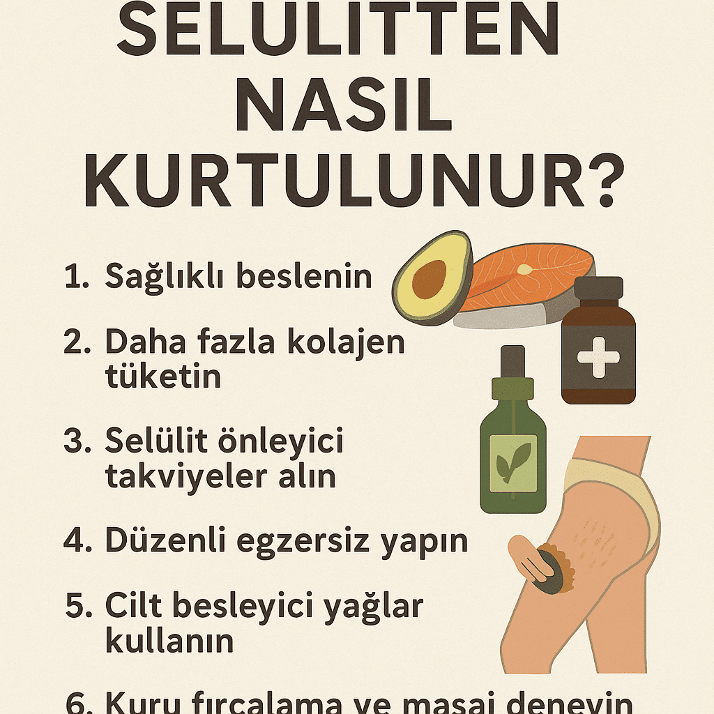 Selülitten nasıl kurtulunur? 6 doğal yöntem içeren bilgi görseli: sağlıklı beslenme, kolajen takviyesi, egzersiz, doğal yağlar, kuru fırçalama.