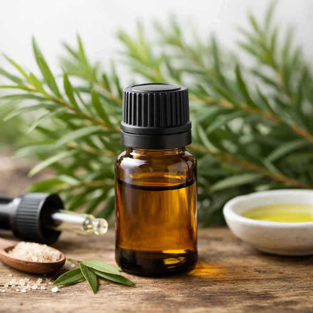 Çay ağacı yağı, Melaleuca alternifolia yaprakları ve doğal kozmetik konsepti