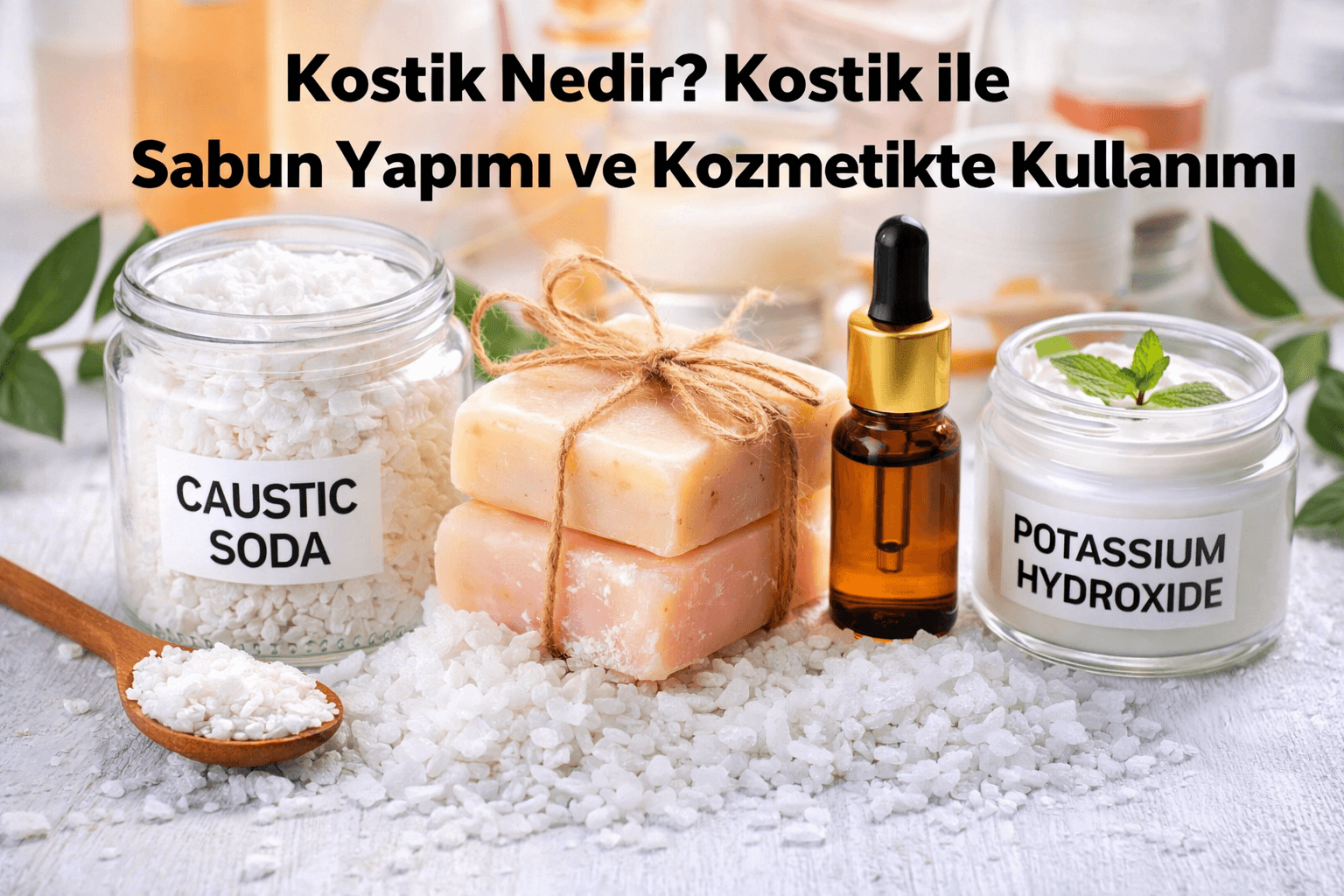 Kostik nedir sorusunu temsil eden, kostik soda ve potasyum hidroksit ile sabun yapımı ve kozmetik üretim süreci
