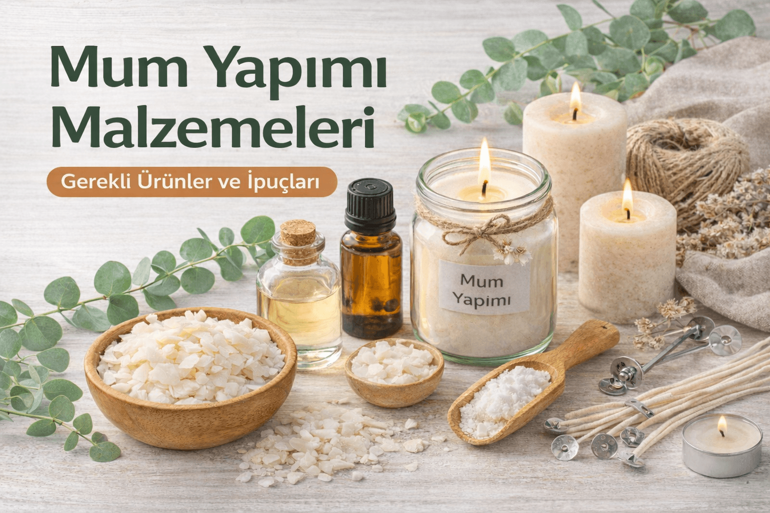 mum yapım malzemeleri, mum hammaddeleri ve evde mum yapımı için kullanılan temel ekipmanlar